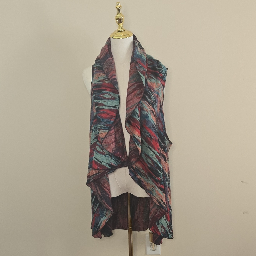 100% Cashmere Waterfall Drape Vest Multicolor Abstract Print Western Heritage - Picture 2 of 8